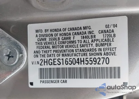2004 Honda Civic Lx z USA, uszkodzony, nr VIN 2HGES16504H559270